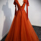 V Neck Tulle Brick Red Long Prom Dresses, Simple Formal Gown Graduation Dresses           S3011