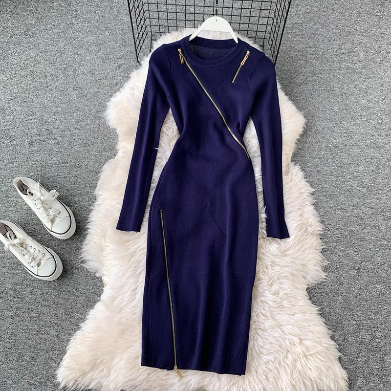 design knitted skirt round neck long sleeves irregular zipper solid color dress for women      S4237