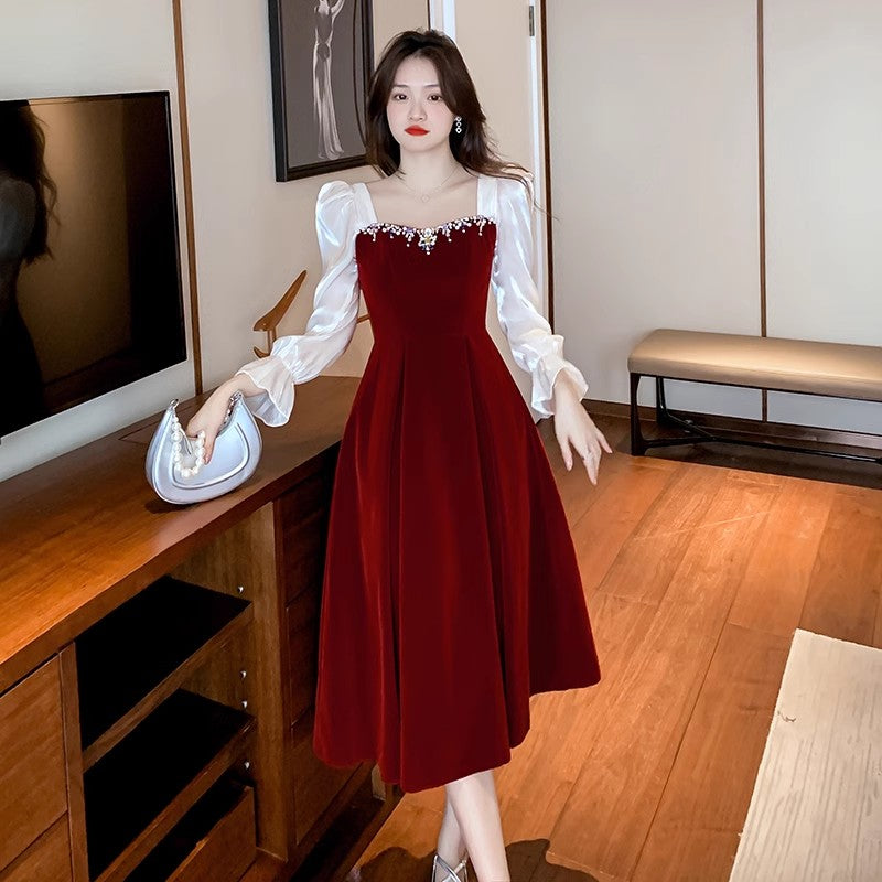 party burgundy long dress for women, evening dress for party    S3453