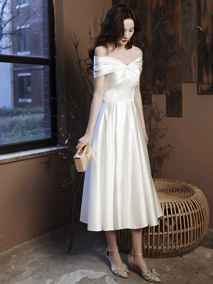 Satin little party dress, white dress, light luxury daily dress,homecoming dress   S3277