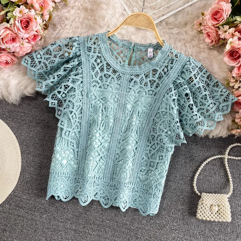 Solid Color Short Top Short Sleeve Round Neck Lace Shirt for Women    S3941