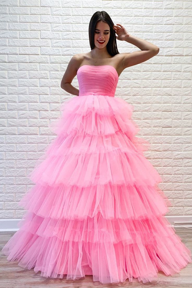 A-line Strapless Pleated Multi-Layers Tulle Long Prom Dress     S3226