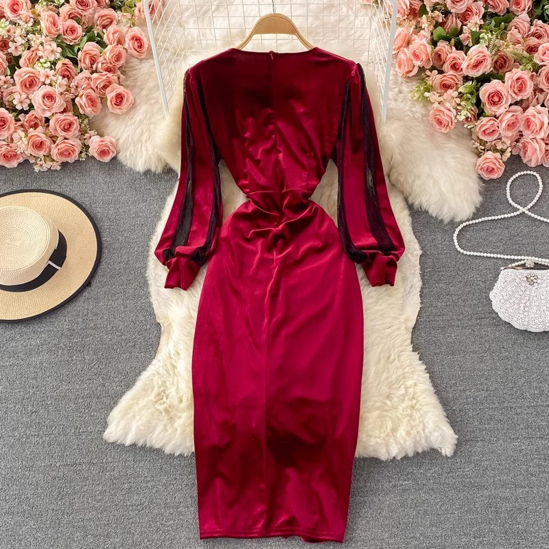 Sexy Cross V-neck Pleated Velvet Slit Dress      S3994