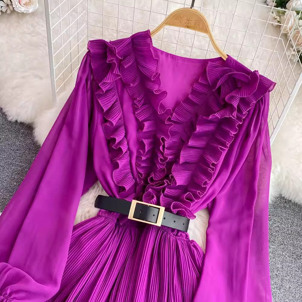 V-neck ruffled puff long-sleeved A-line pleated dress      S4301