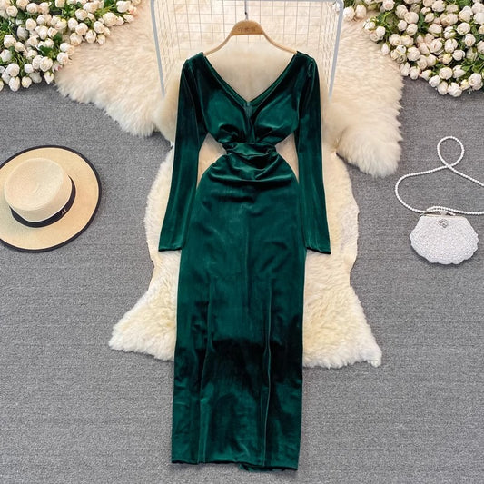 Fashionable sexy long-sleeved dress long skirt velvet V-neck dress    S3964