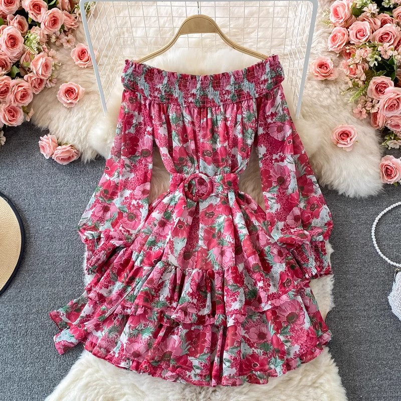 off-shoulder floral dress long-sleeved dress    S4292