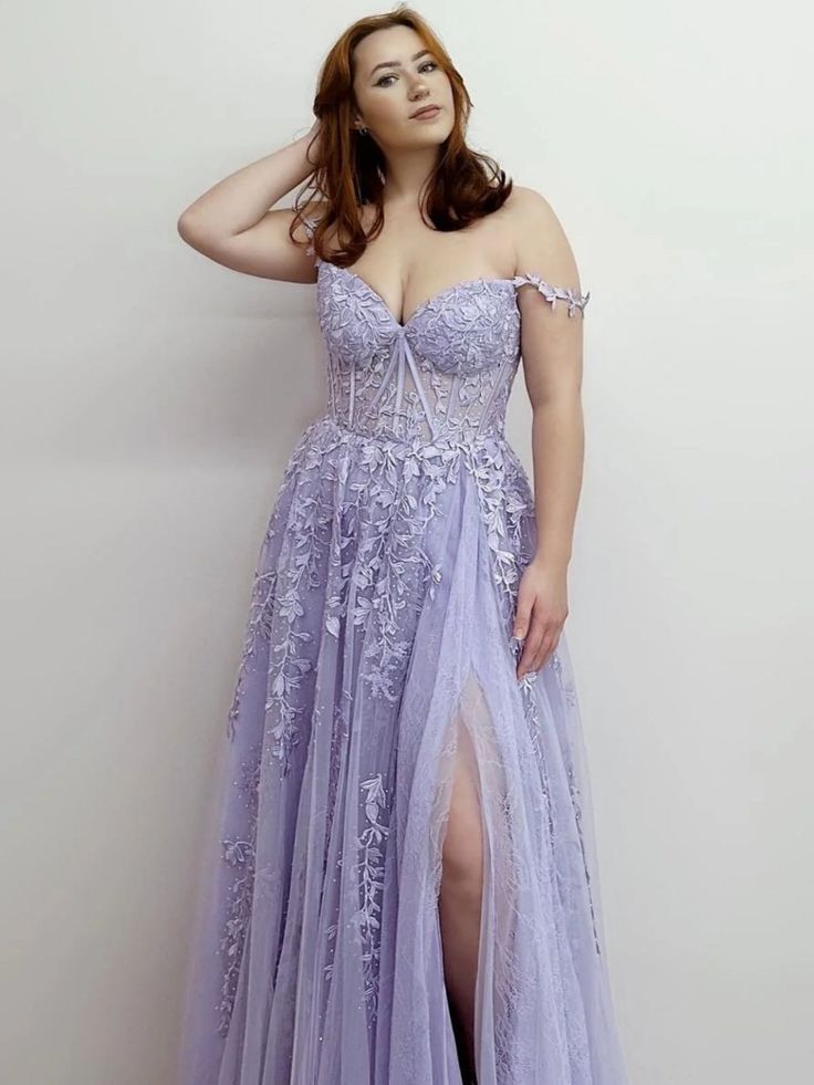 Off Shoulder Purple Lace Long Prom Dresses With High Slit, Purple Lace Formal Dresses, Purple Evening Dresses      S3329