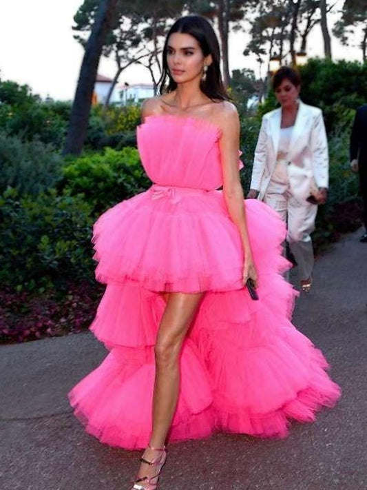 Sexy Tulle Ruffle Pink High-low Long Prom Party Dress         S3295