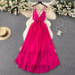 Sexy dress for women pleated deep v-neck backless design suspender long skirt       S4590