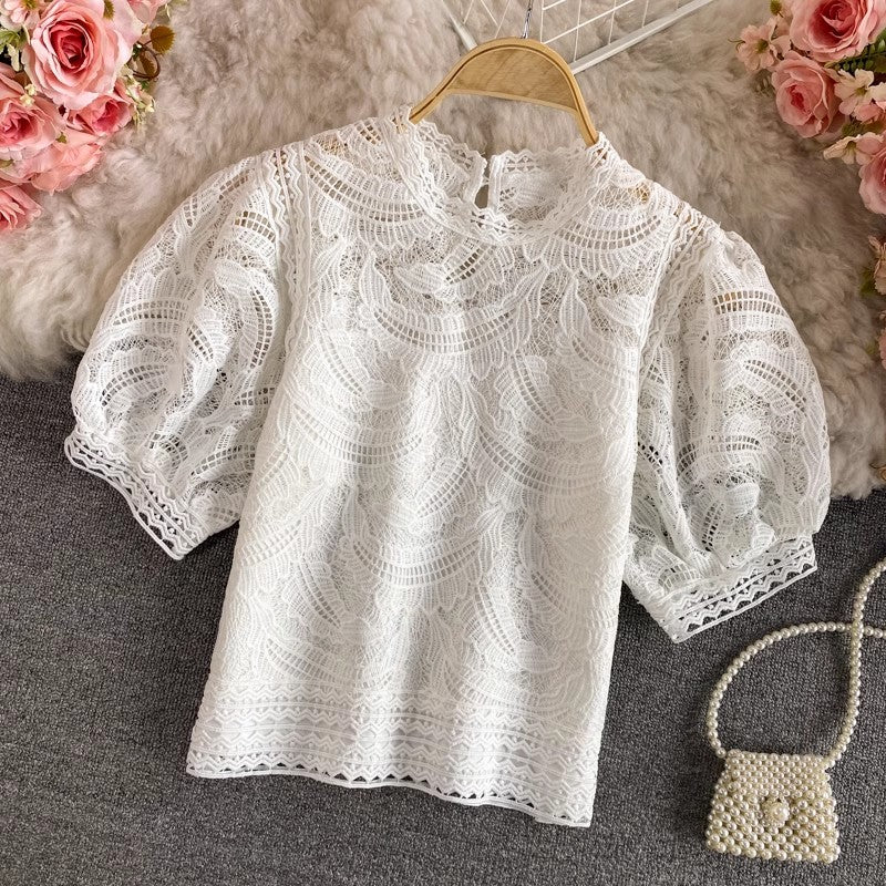 Retro puff-sleeved lace short top    S3923