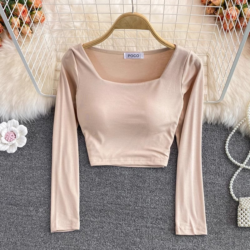 square collar t-shirt with chest pad for women short shirt top long sleeves      S3986