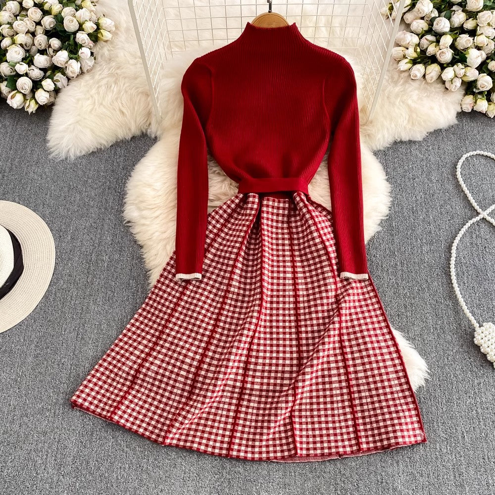 long-sleeved plaid A-line knitted dress     S3974