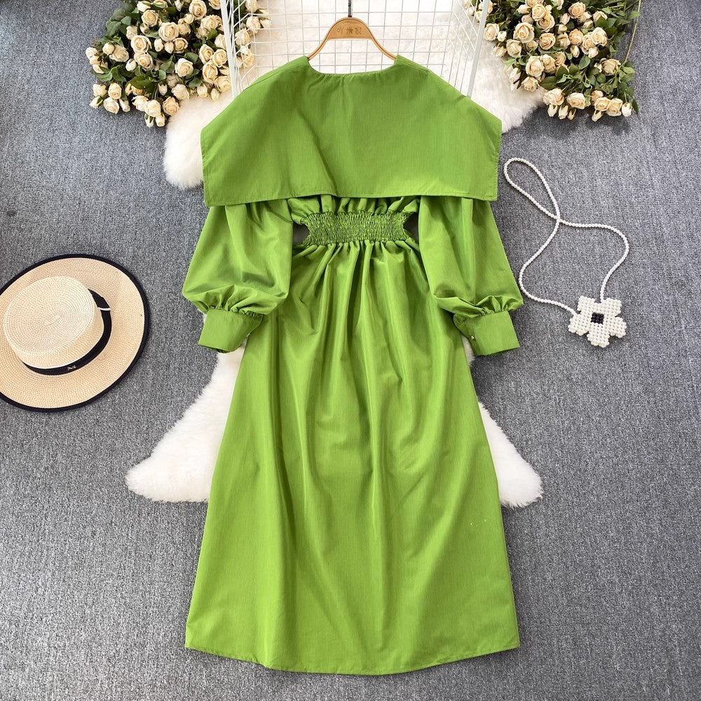 lantern sleeve mid-length dress V-neck irregular slit dress      S3993