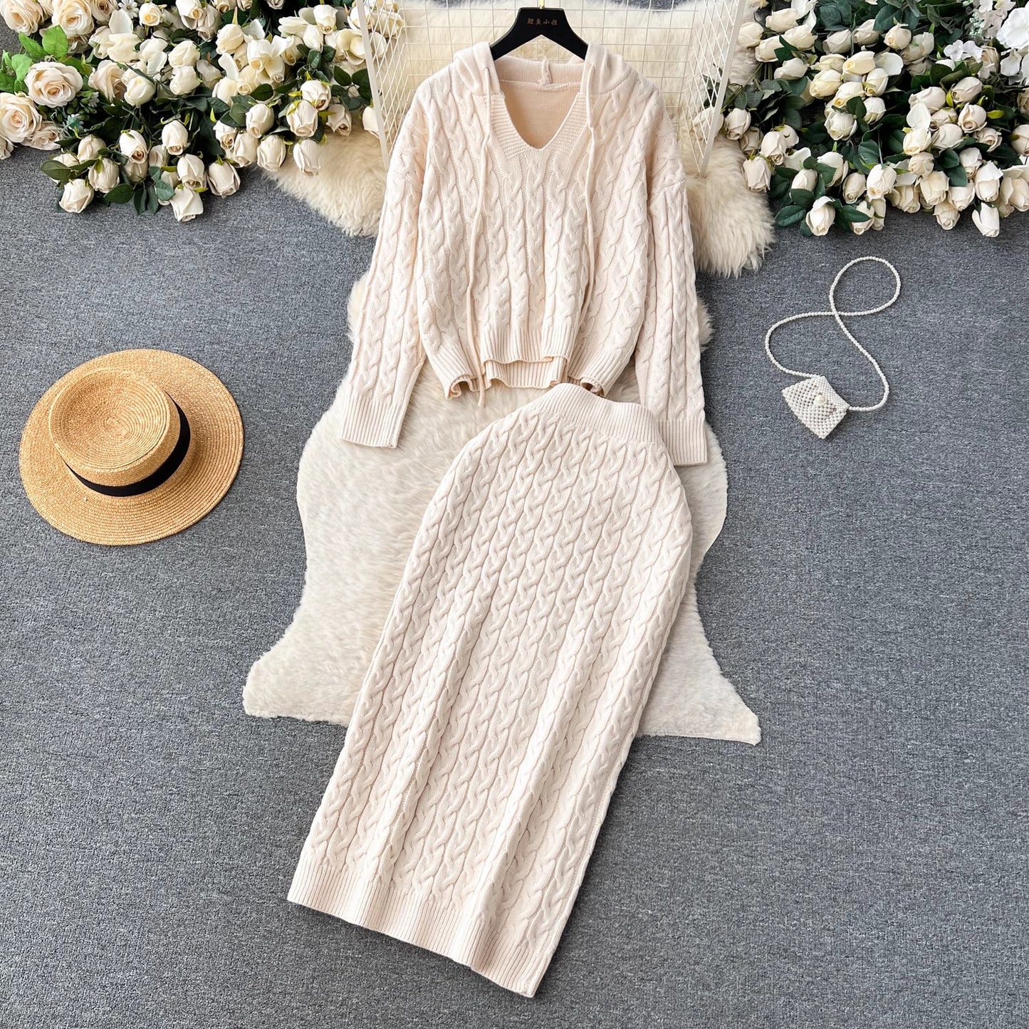 sweater suit for women casual top, mid-length skirt, knitted two-piece skirt     S4629