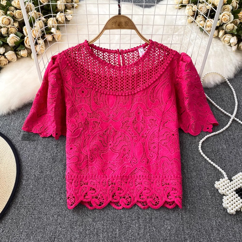 short-sleeved round neck lace shirt for women      S4043