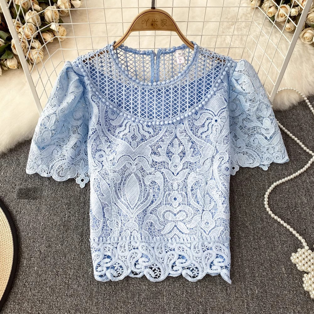 short-sleeved round neck lace shirt for women      S4043