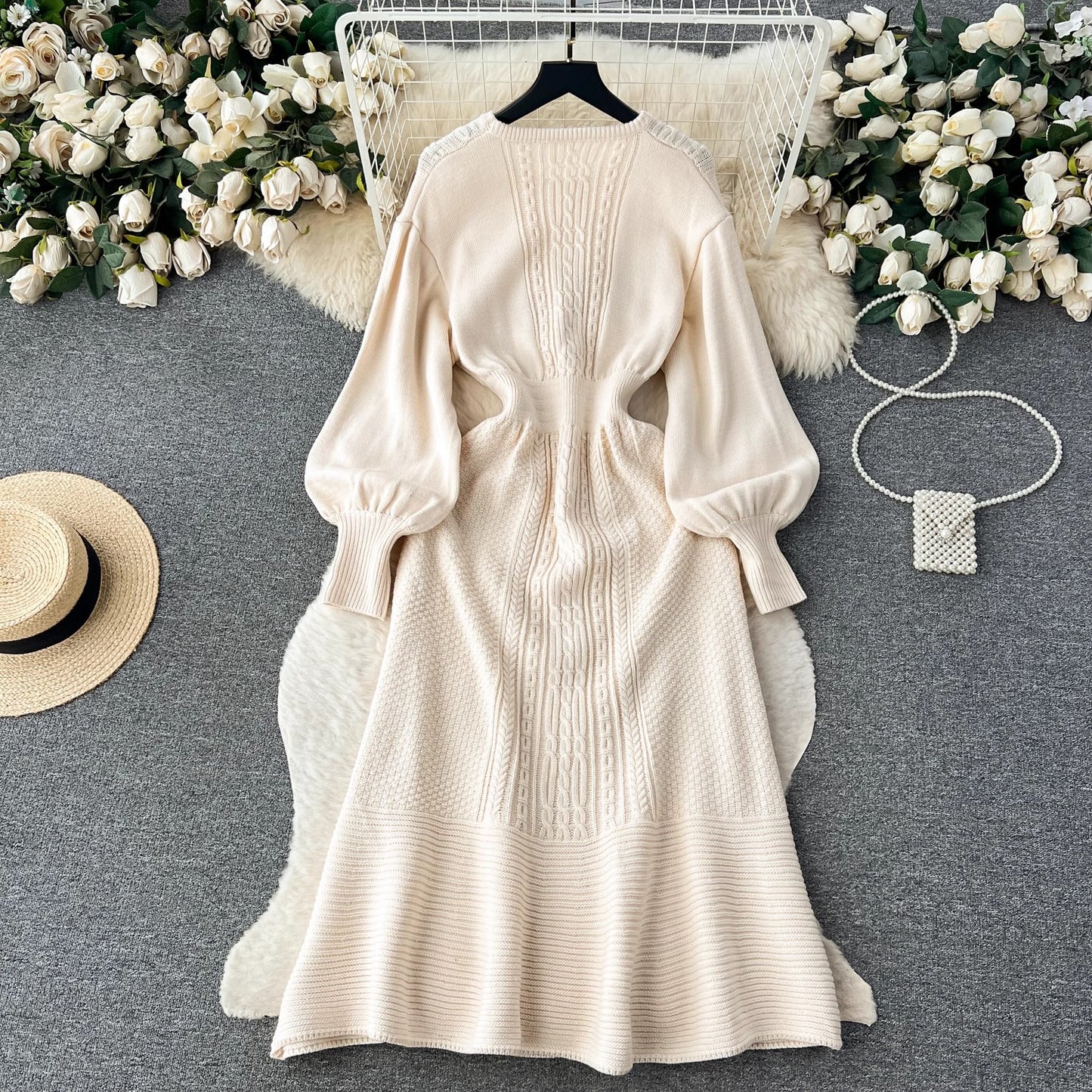 sweater round nec mid-length puff sleeve knitted dress     S4507