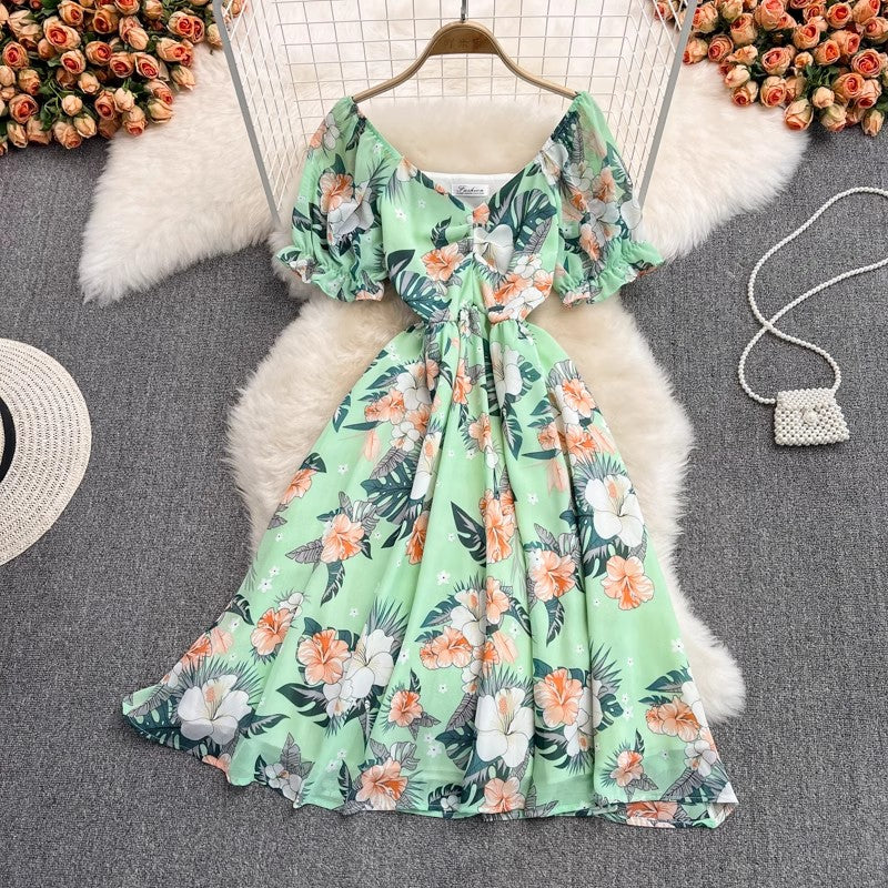 mid-length V-neck floral chiffon dress     S4430