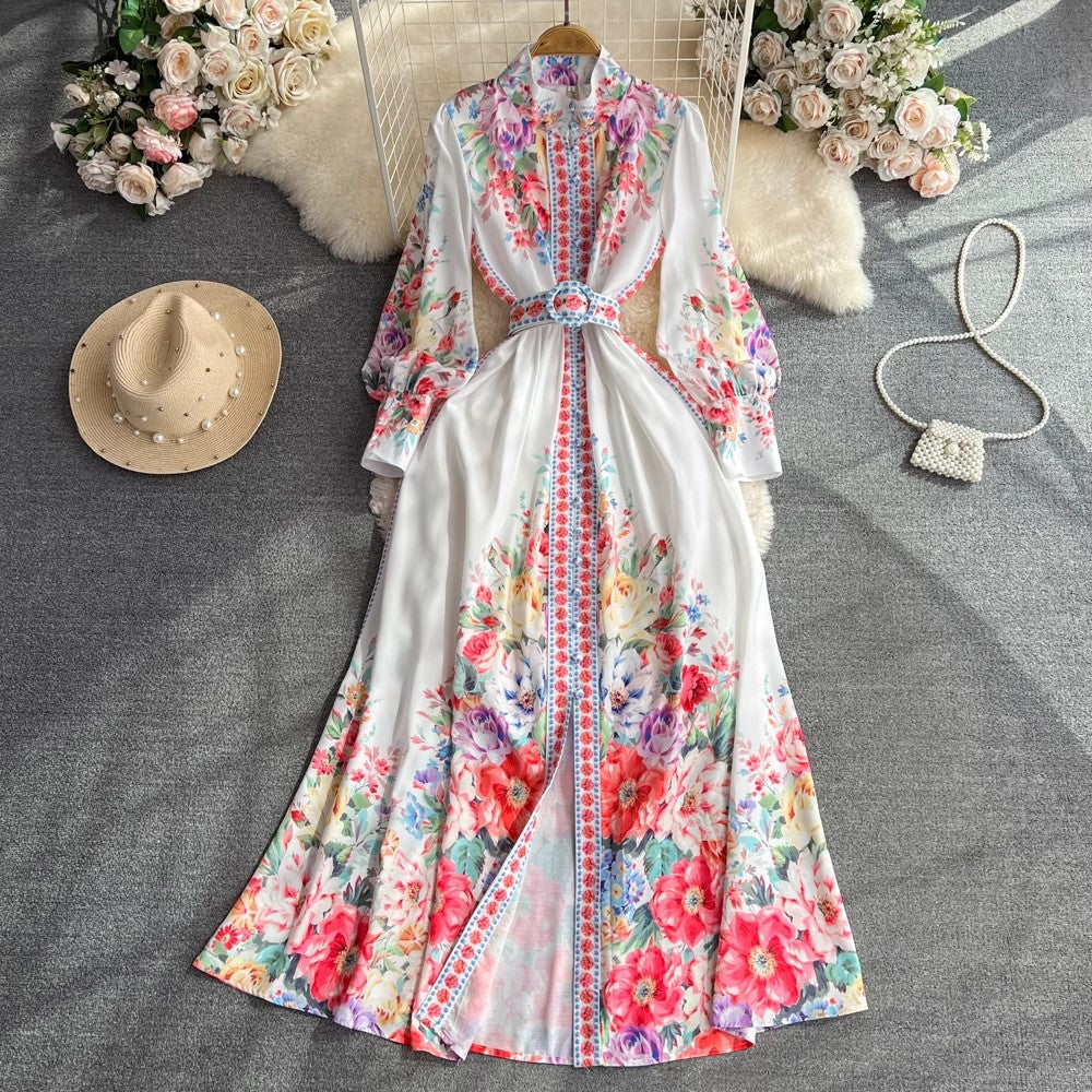 Retro lantern sleeves a-line printed dress elegant dress long skirt      S3935