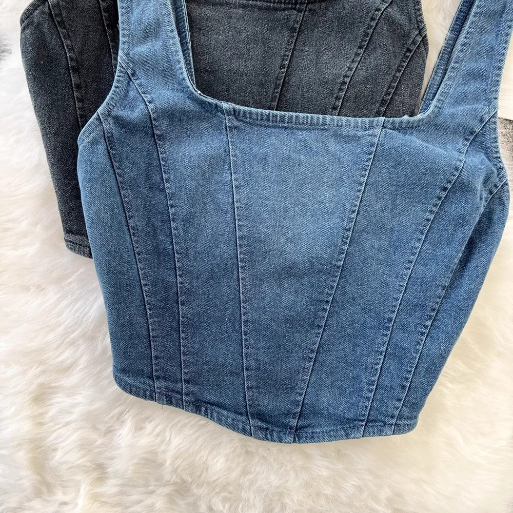 short denim women's outer wear zipper backless top      S4049