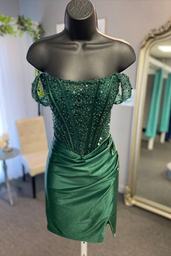 Off the Shoulder Dark Green Satin Mini Dress       S3661