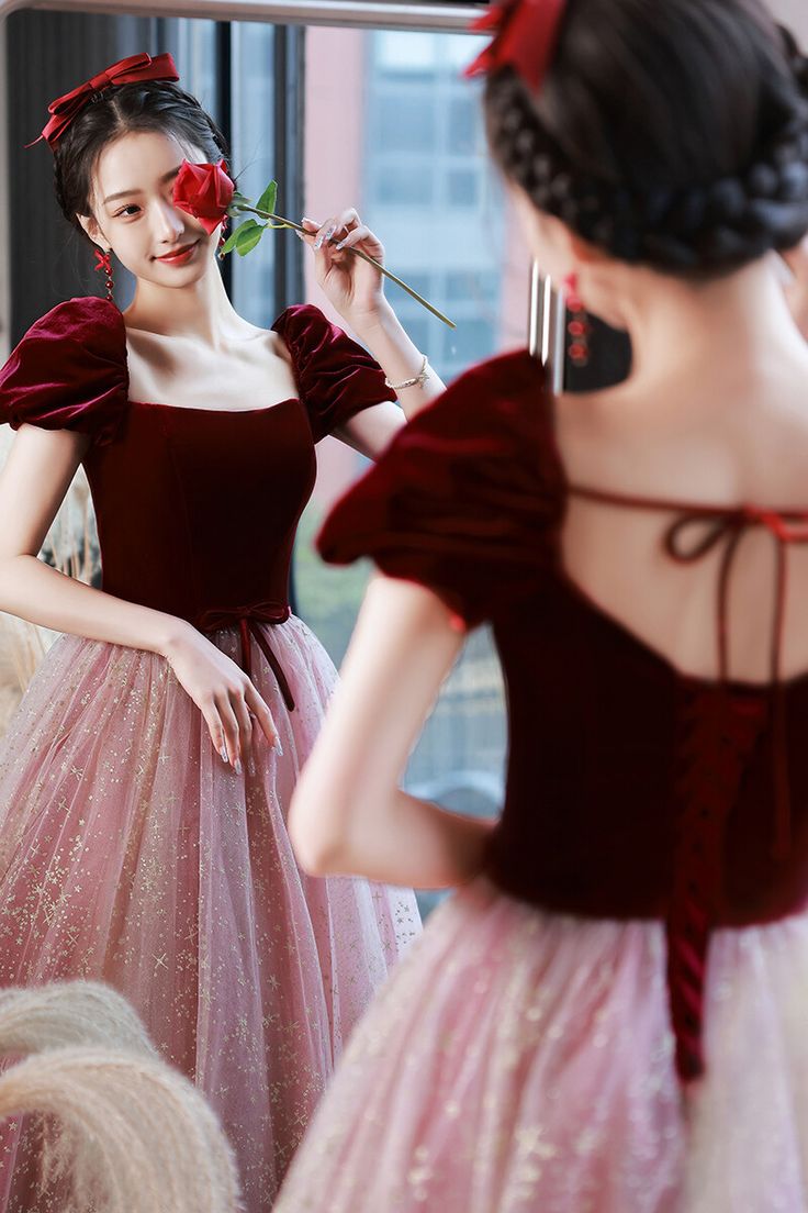 Burgundy Velvet Cap Sleeves Tulle Long Princess Dress           S3008