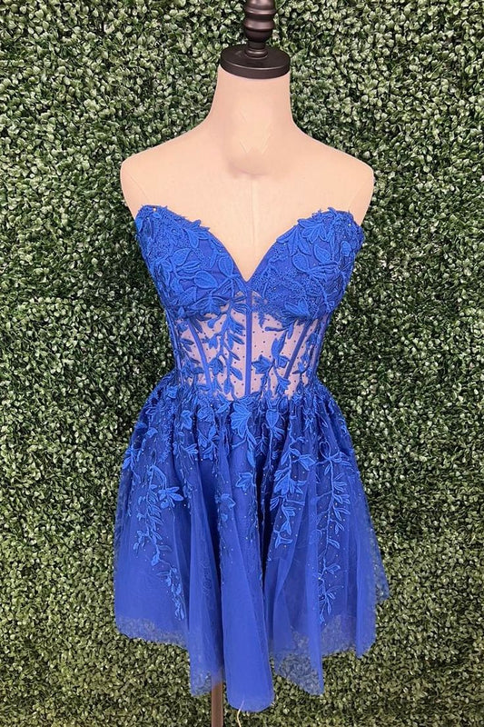 Sweetheart Royal Blue Lace Appliques Short Dress     S3297