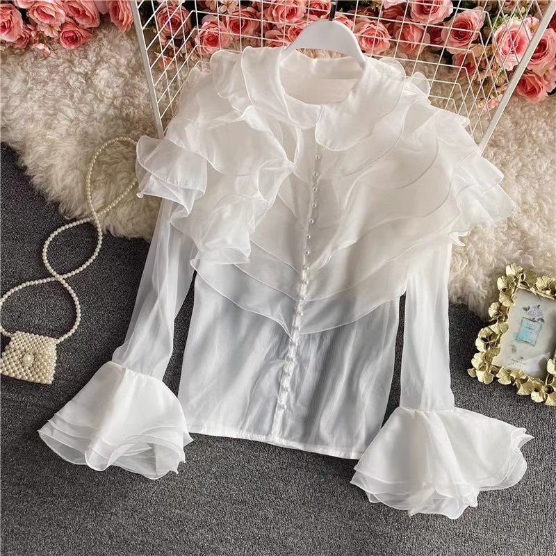 new style layered ruffled organza shirt for women see-through top with bell sleeves      S4234