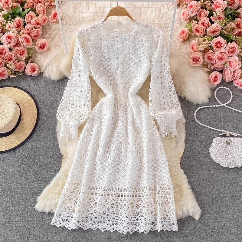 New style round neck puff sleeve lace dress     S3887