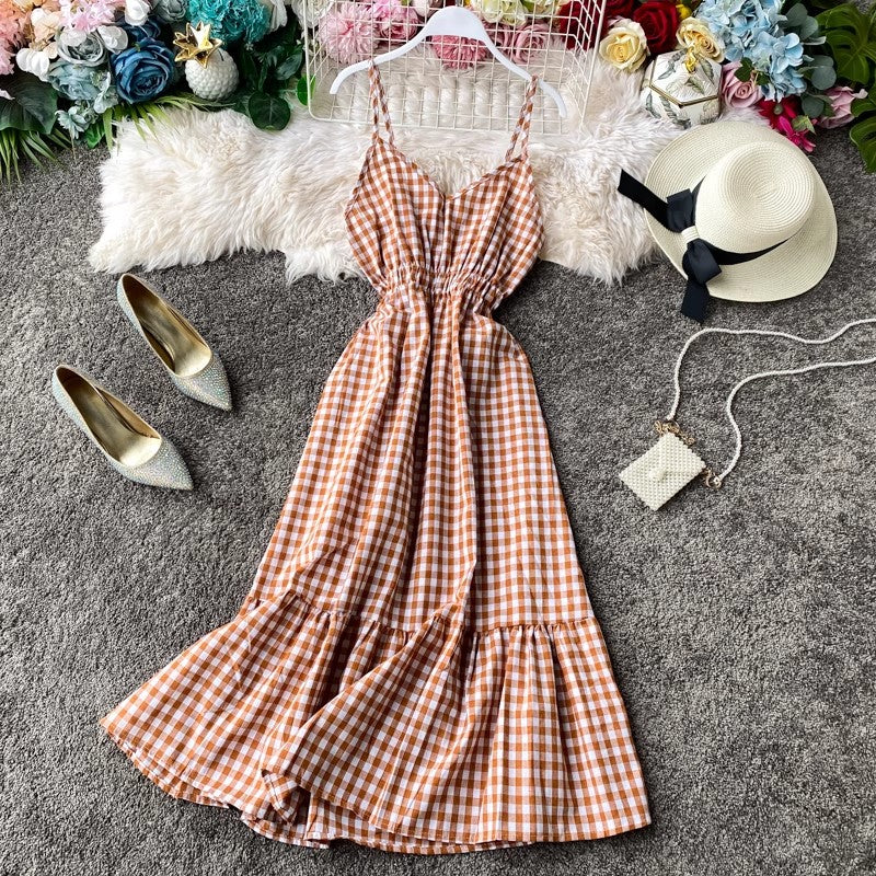 beach dress vacation dress, ruffled sleeveless long skirt V-neck suspender plaid dress     S4244