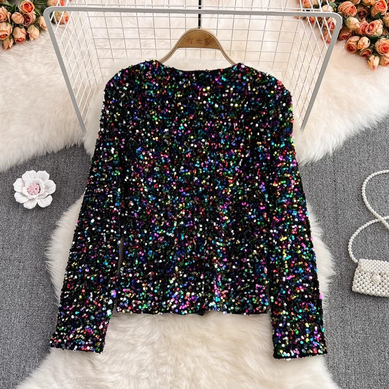 shiny sequins colorful long-sleeved cardigan suit short jacket women's clothing    S4205