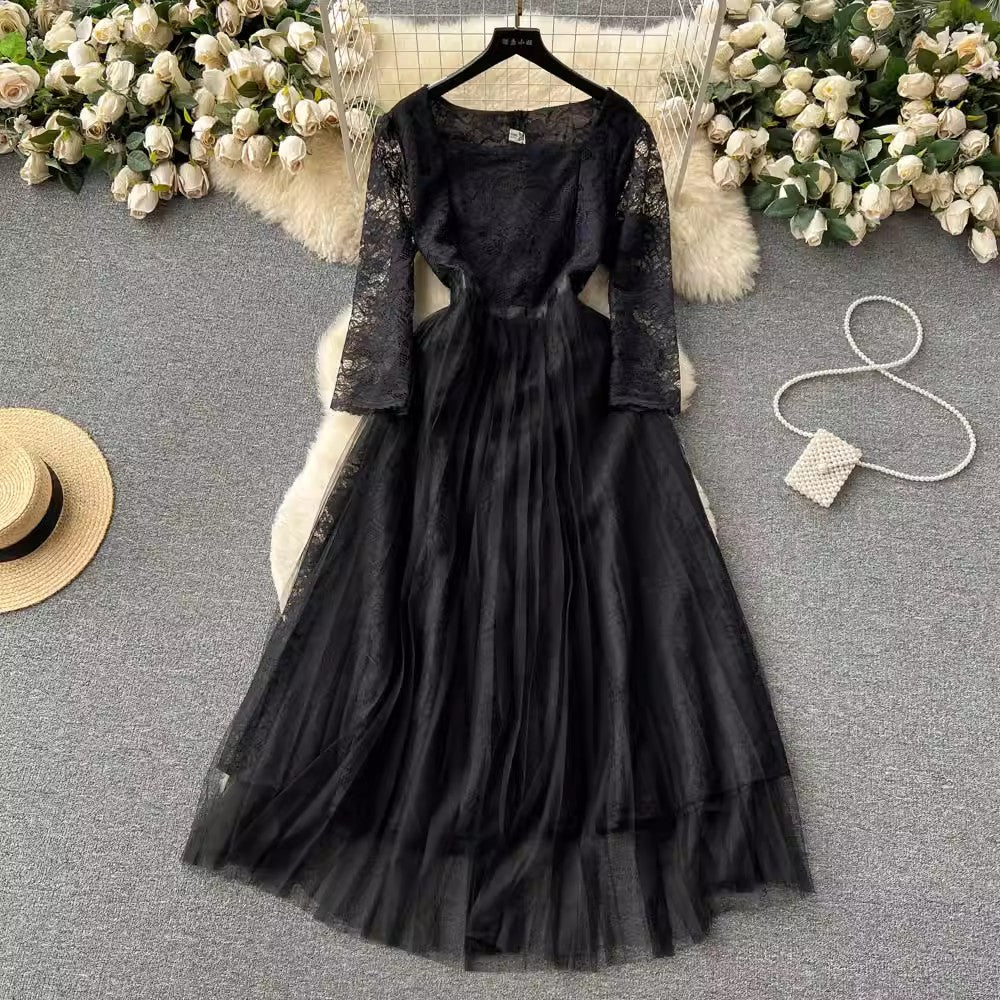 French retro lace dress for women long skirt      S4623