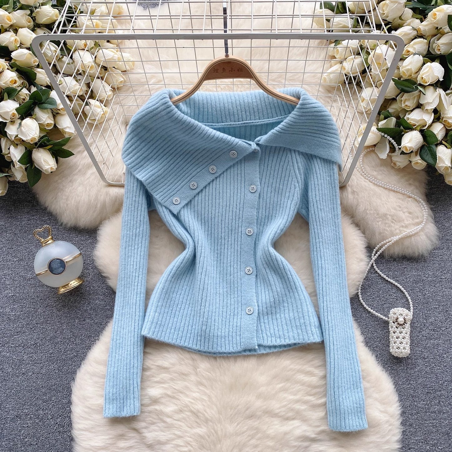 solid color sweater women's irregular design top     S4585