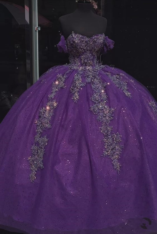 Purple Quinceanera Dresses Applique Flower Corset Graduation Gown        S3707