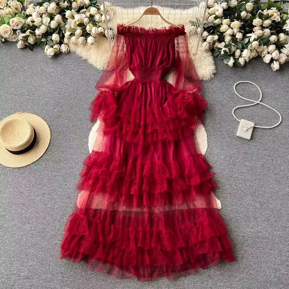 ruffled mesh cake dress for women elegant long skirt     S4557