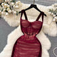 Vintage Dress, Pleated Splicing Velvet Top Strap Dress, Slim Bodycon Dress      S4405