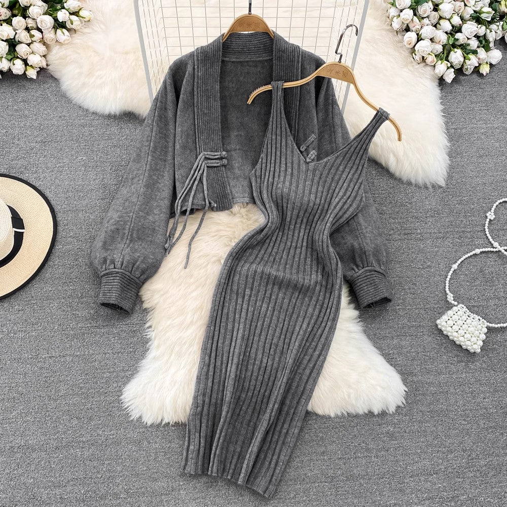 knitted shawl jacket two-piece set for women V-neck suspender dress       S4119