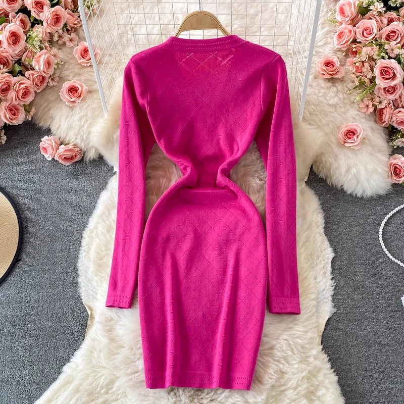 V-neck mid-length knitted elastic dress     S4020