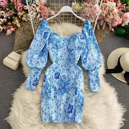 blue and white printed square sexy lantern sleeve dress      S4337