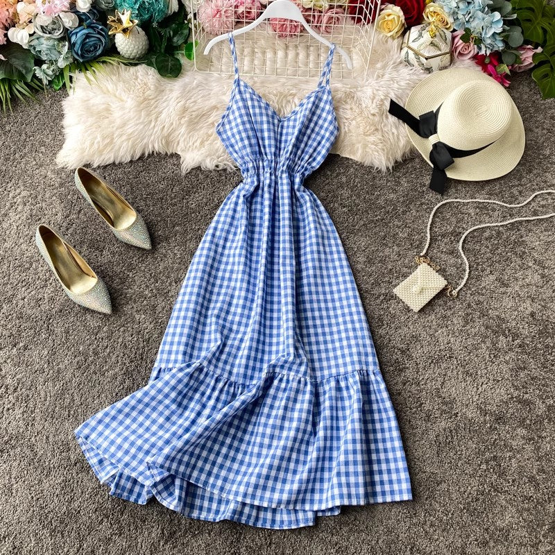 beach dress vacation dress, ruffled sleeveless long skirt V-neck suspender plaid dress     S4244