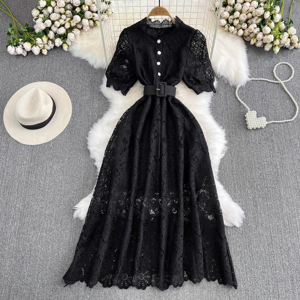 puff sleeves round neck A-line lace dress elegant long skirt      S4262