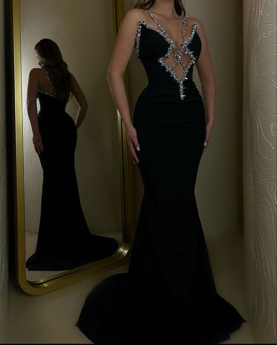 Sexy Black Sparkly Spaghetti Straps Mermaid Long Prom Dress      S3791