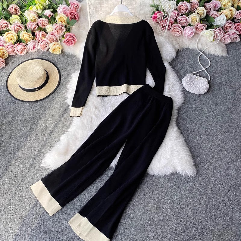 Knitted suit for women casual V-neck cardigan sweater casual leg trousers two-piece set       S4169