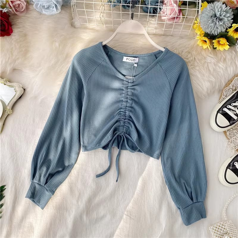 sexy short crop top design V-neck style long-sleeved T-shirt      S4129