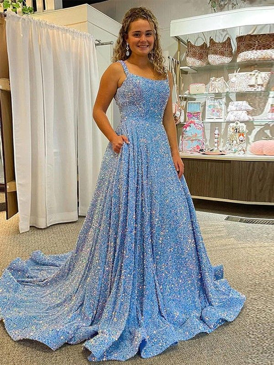 Blue A-Line/Princess Long Sequin Backless Evening Dresses With Straps       S3726