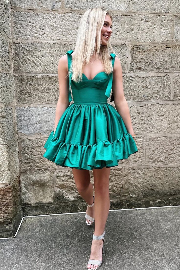 Hunter Green A-line Ruffle Bow Tie Shoulder Homecoming Dress    S2628