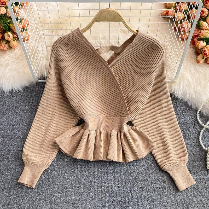 new ruffled short sweater women's V-neck pullover sweater top      S4246