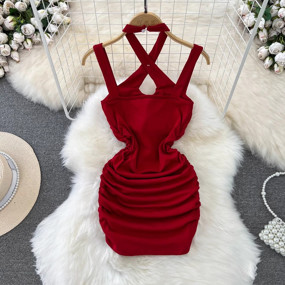 halter neck suspender dress for women sexy pleated dress       S4345