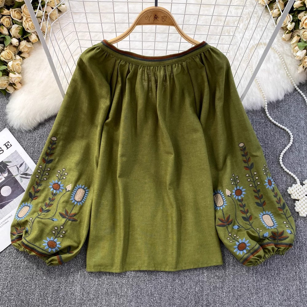 embroidered round neck shirt women's casual top       S3965