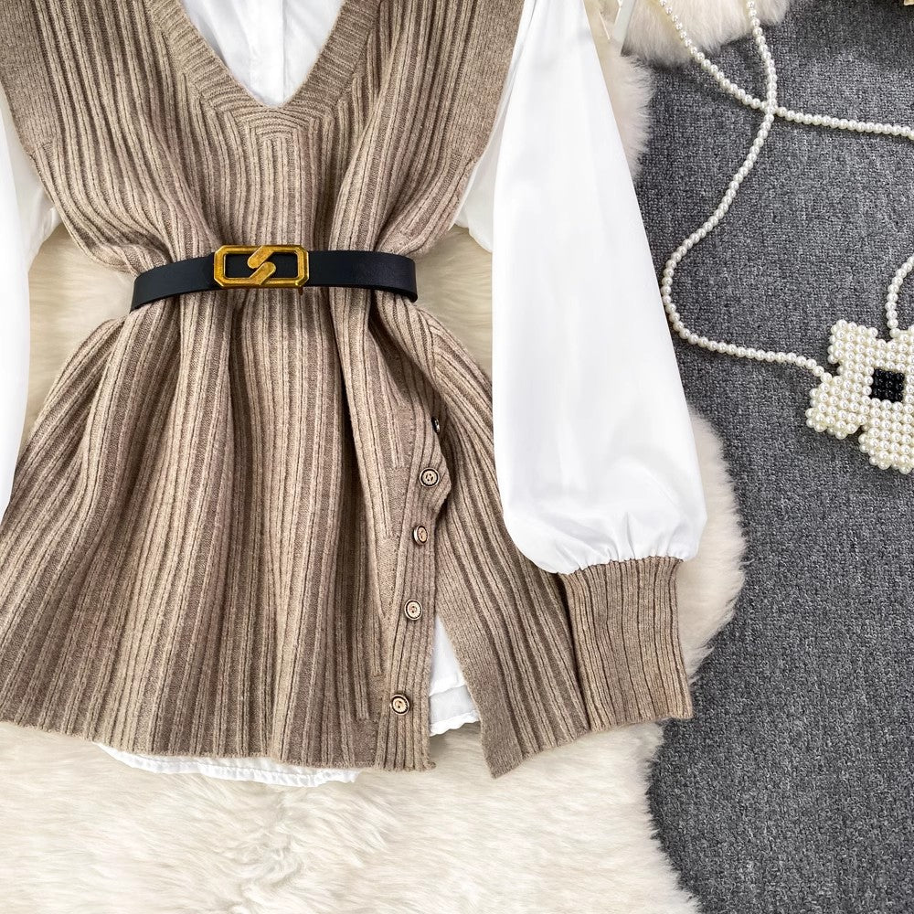 white shirt tops for women knitted vest two-piece set     S4047